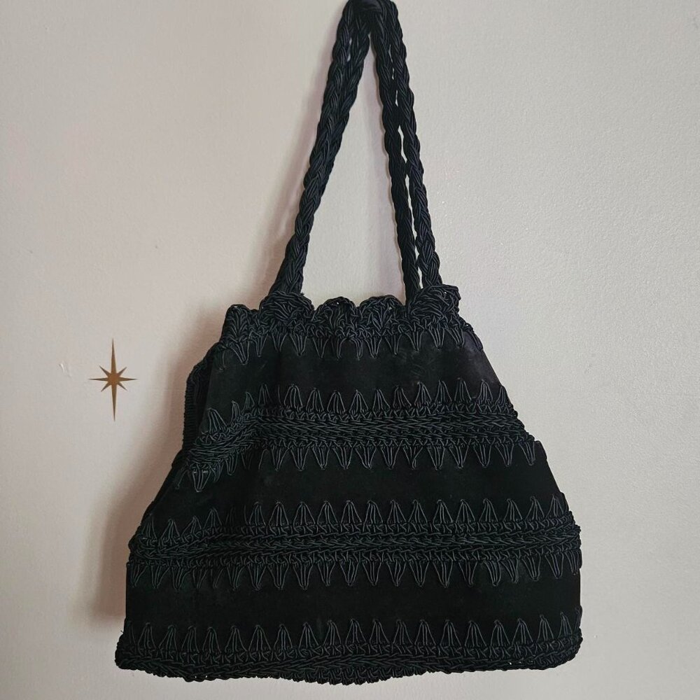 Vtg Walborg Italian Shoulder Purse, Black Leather with braiding Whimsigoth Boho